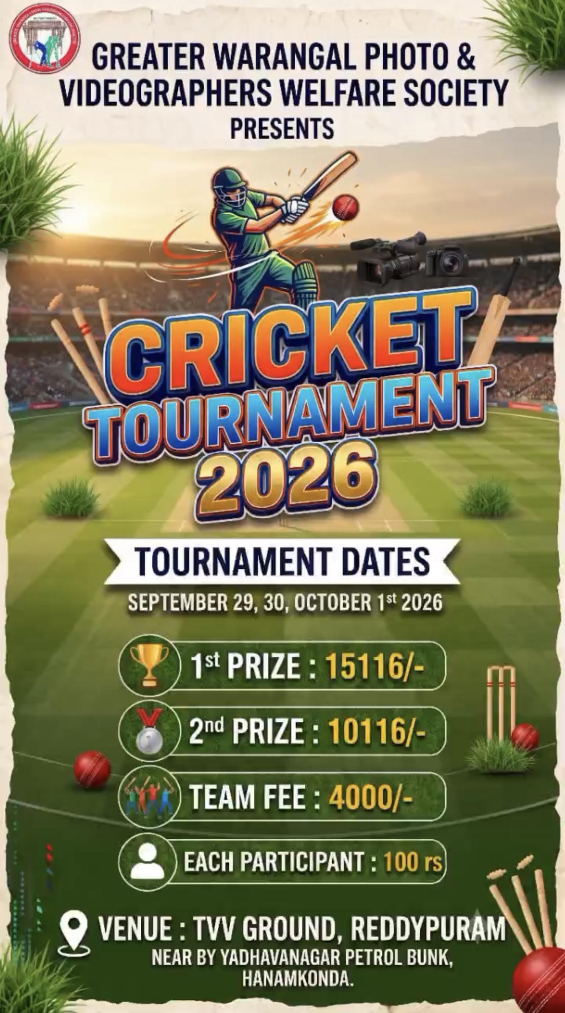 GWPVW Cricket Tournament 2026 poster. Pool matches are September 29 to October 1, followed by knockout matches on October 2. Venue: TVV Grounds, Reddy Puram, HNK.
